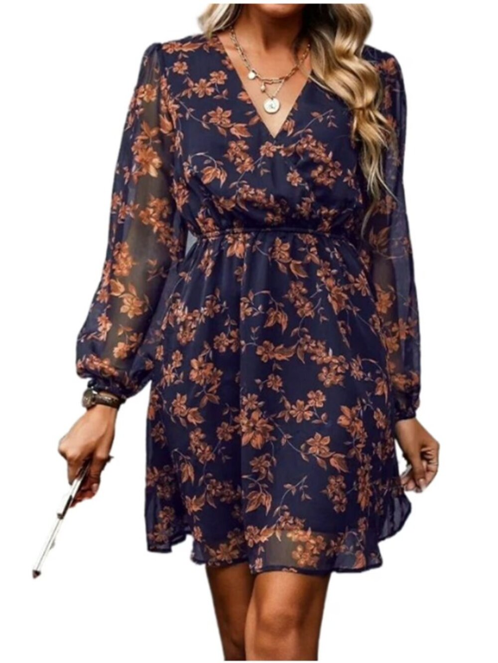 Women's Floral Long Sleeve Chiffon A-line V-neck Mini Dress